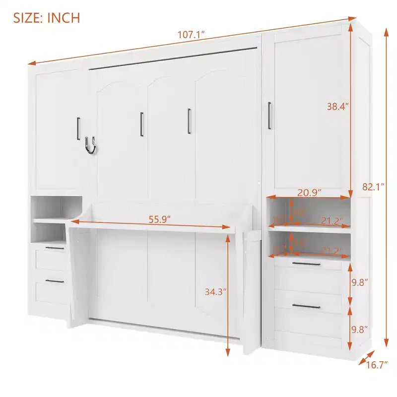Lit escamotable ModernLuxe pleine ou grande taille avec placard, tiroirs et étagères, lit pliant peu encombrant pour chambre, blanc/gris