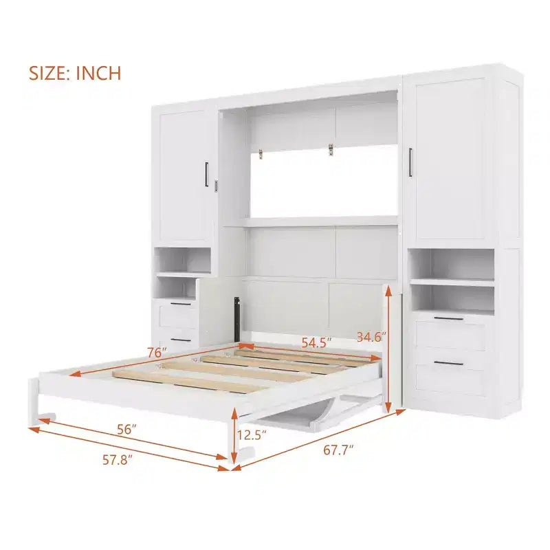 Lit escamotable ModernLuxe pleine ou grande taille avec placard, tiroirs et étagères, lit pliant peu encombrant pour chambre, blanc/gris