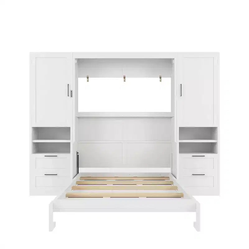 Lit escamotable ModernLuxe pleine ou grande taille avec placard, tiroirs et étagères, lit pliant peu encombrant pour chambre, blanc/gris