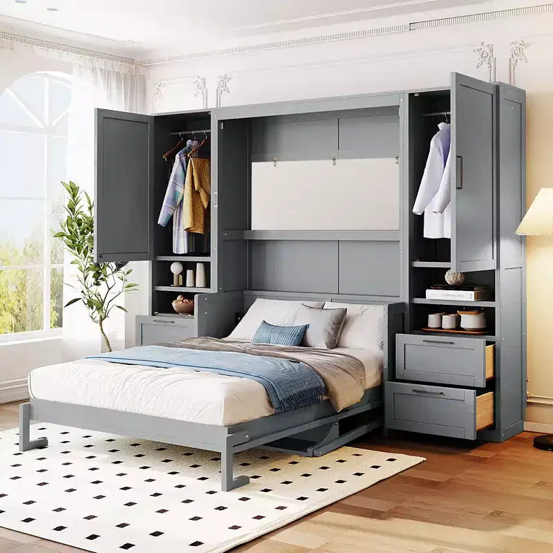 ModernLuxe Full/Queen Size Murphy Bed Wall Bed with Closet, Drawers & Shelves, Space-Saving Foldable Bed for Bedroom, White/Gray