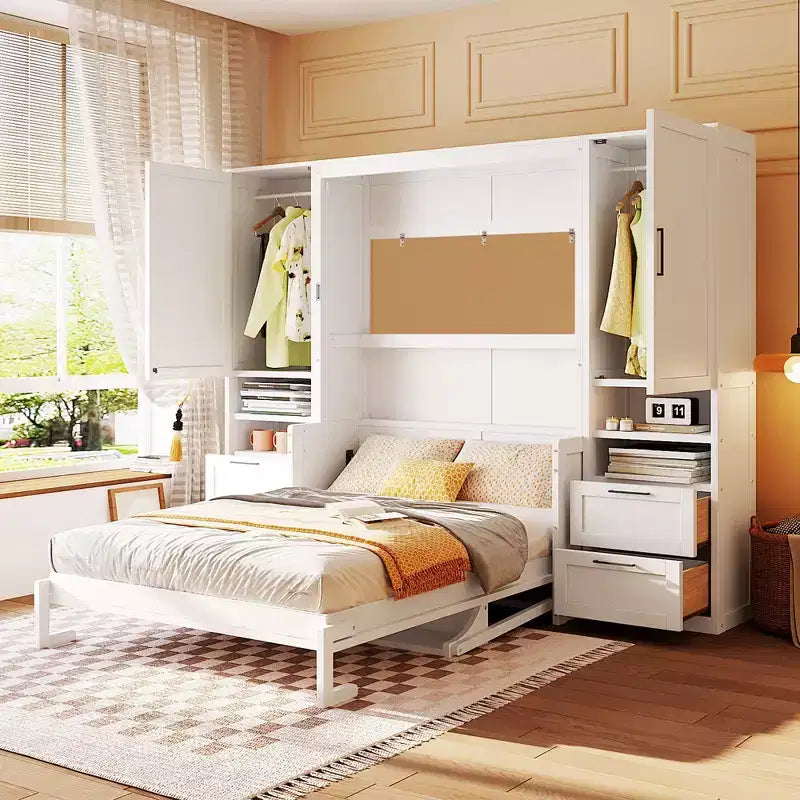 Lit escamotable ModernLuxe pleine ou grande taille avec placard, tiroirs et étagères, lit pliant peu encombrant pour chambre, blanc/gris
