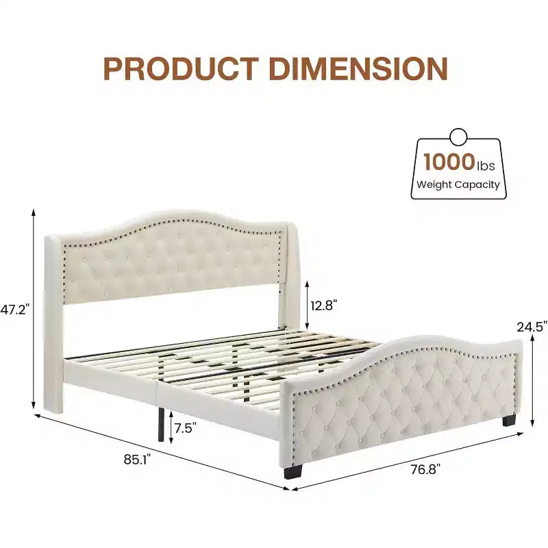 Cadre de lit Acekool King en velours rembourré avec tête de lit capitonnée à oreilles, pied de lit, rangement, pas besoin de sommier tapissier, montage facile, beige