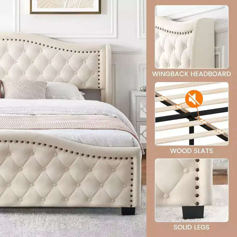 Cadre de lit Acekool King en velours rembourré avec tête de lit capitonnée à oreilles, pied de lit, rangement, pas besoin de sommier tapissier, montage facile, beige