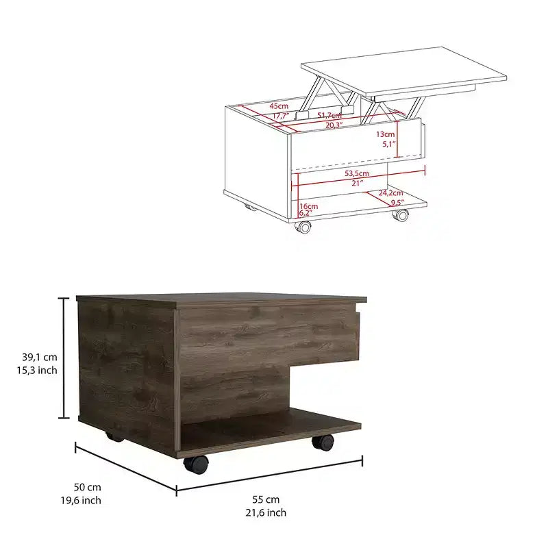 Table basse relevable MAYEERTY avec roulettes, une étagère, marron