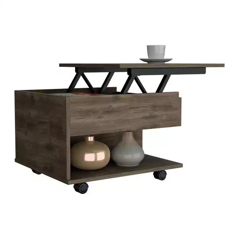 Table basse relevable MAYEERTY avec roulettes, une étagère, marron
