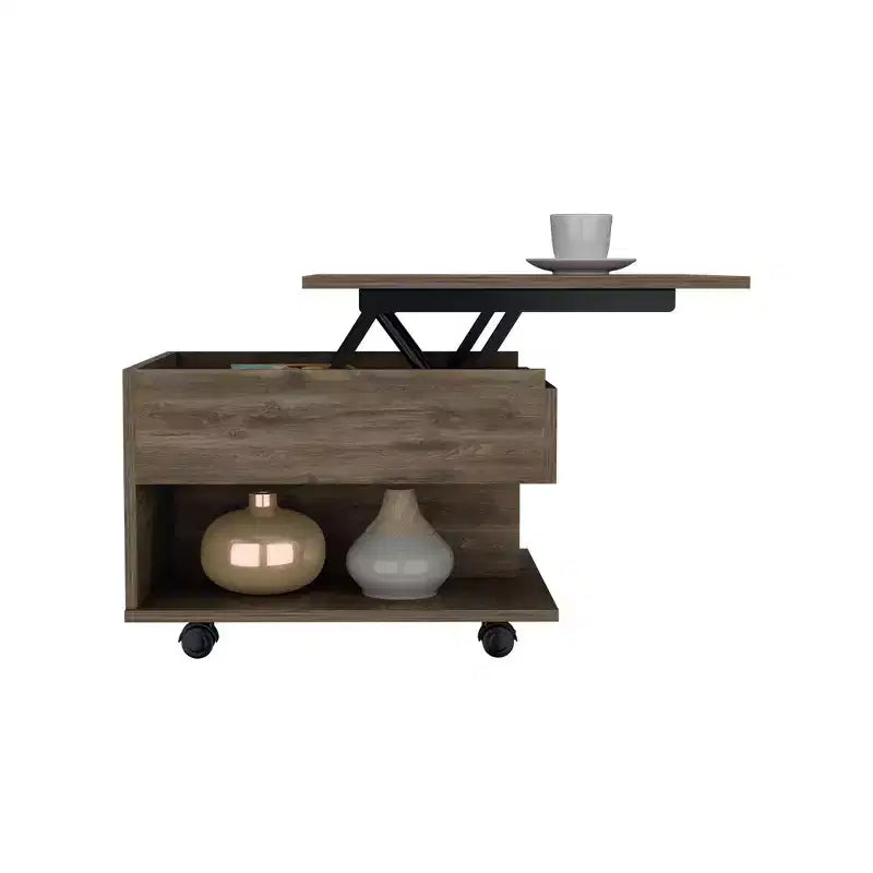 Table basse relevable MAYEERTY avec roulettes, une étagère, marron