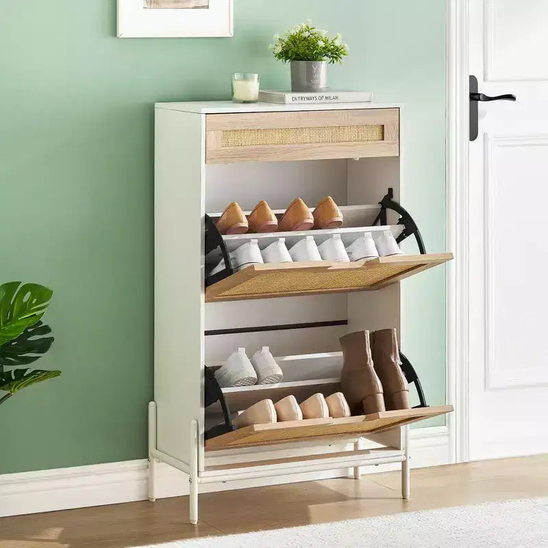GustoWave 2 Flip Drawers Shoe Storage Cabinet with 1 Drawer, Rattan Shoe Organizer with Metal Legs, Freestanding Narrow Shoe Rack Cabinet for Entryway