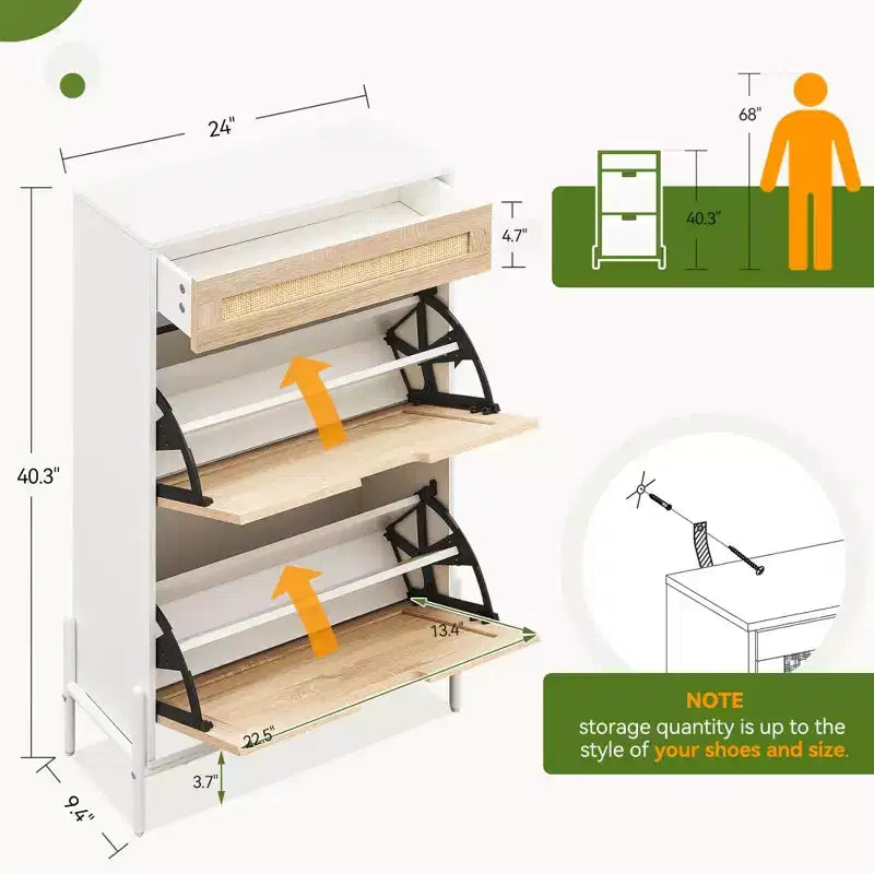 Meuble à chaussures GustoWave avec 2 tiroirs basculants et 1 tiroir, organiseur à chaussures en rotin avec pieds en métal, meuble à chaussures étroit et autonome pour entrée