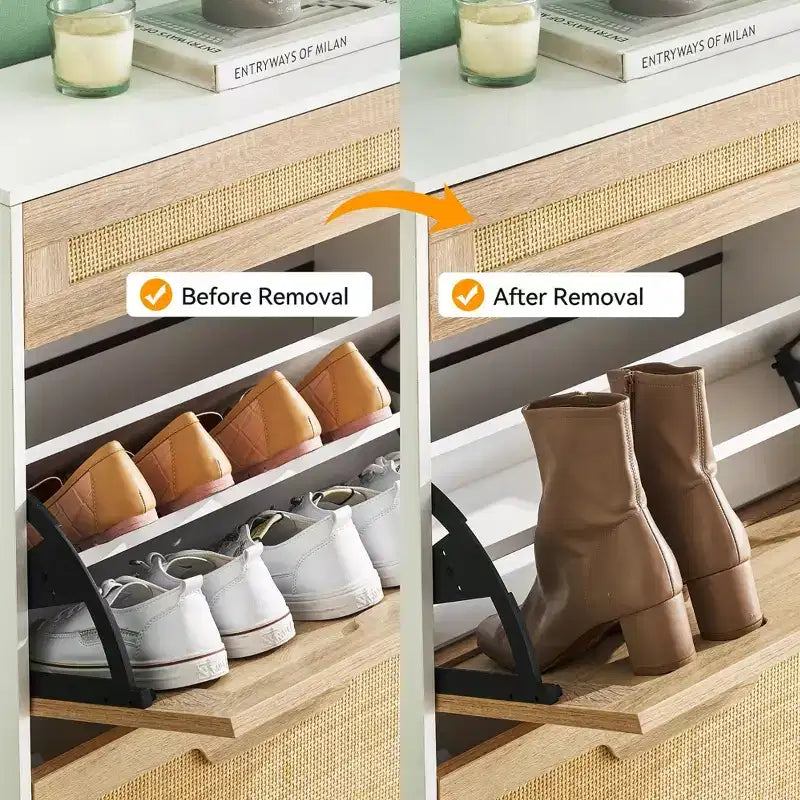 Meuble à chaussures GustoWave avec 2 tiroirs basculants et 1 tiroir, organiseur à chaussures en rotin avec pieds en métal, meuble à chaussures étroit et autonome pour entrée