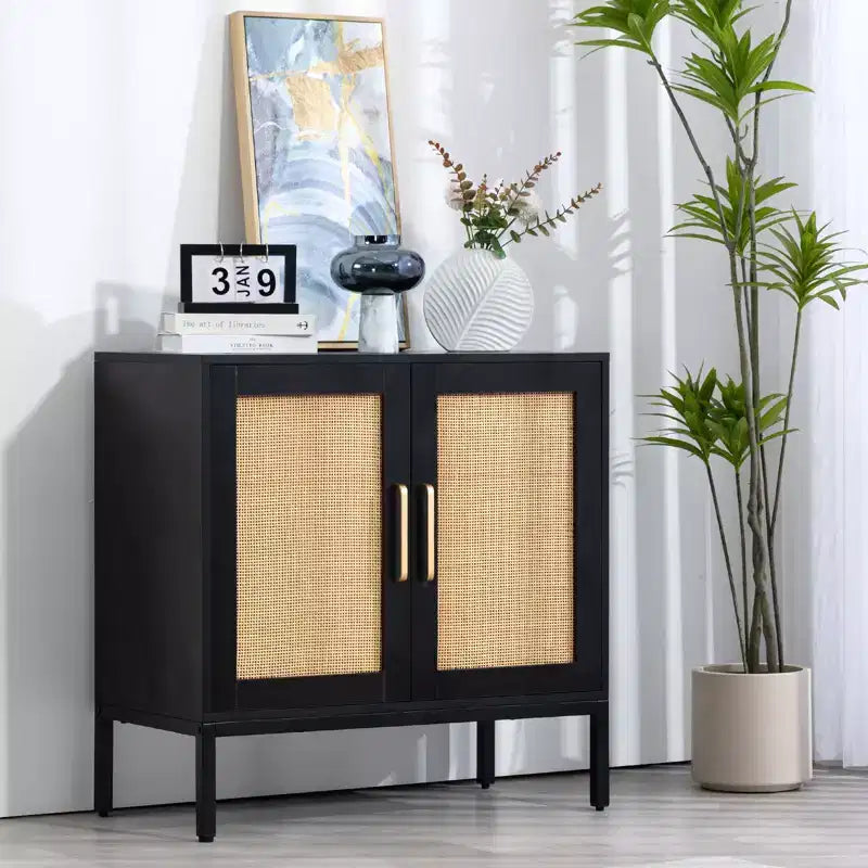 HYLEORY Rattan Buffet 2-Door Storage Sideboard Cabinet with Adjustable Legs