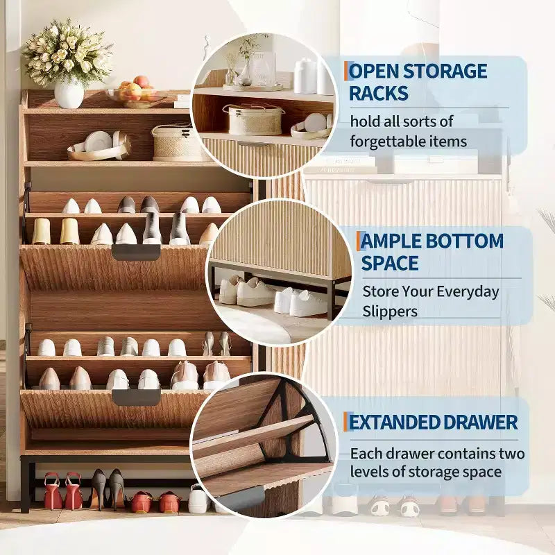 Meuble à chaussures cannelé avec 2 tiroirs basculants et étagère ouverte, organisateur de rangement moderne pour entrée, 44 po, étagère à chaussures en bois avec poignées dorées pour couloir et hall d'entrée
