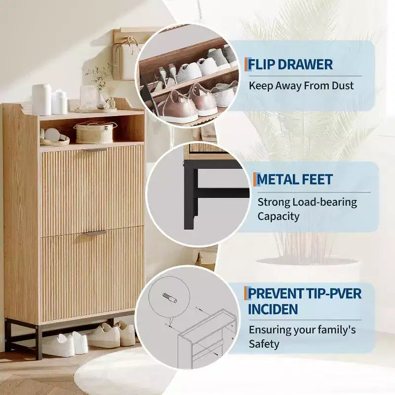 Meuble à chaussures cannelé avec 2 tiroirs basculants et étagère ouverte, organisateur de rangement moderne pour entrée, 44 po, étagère à chaussures en bois avec poignées dorées pour couloir et hall d'entrée
