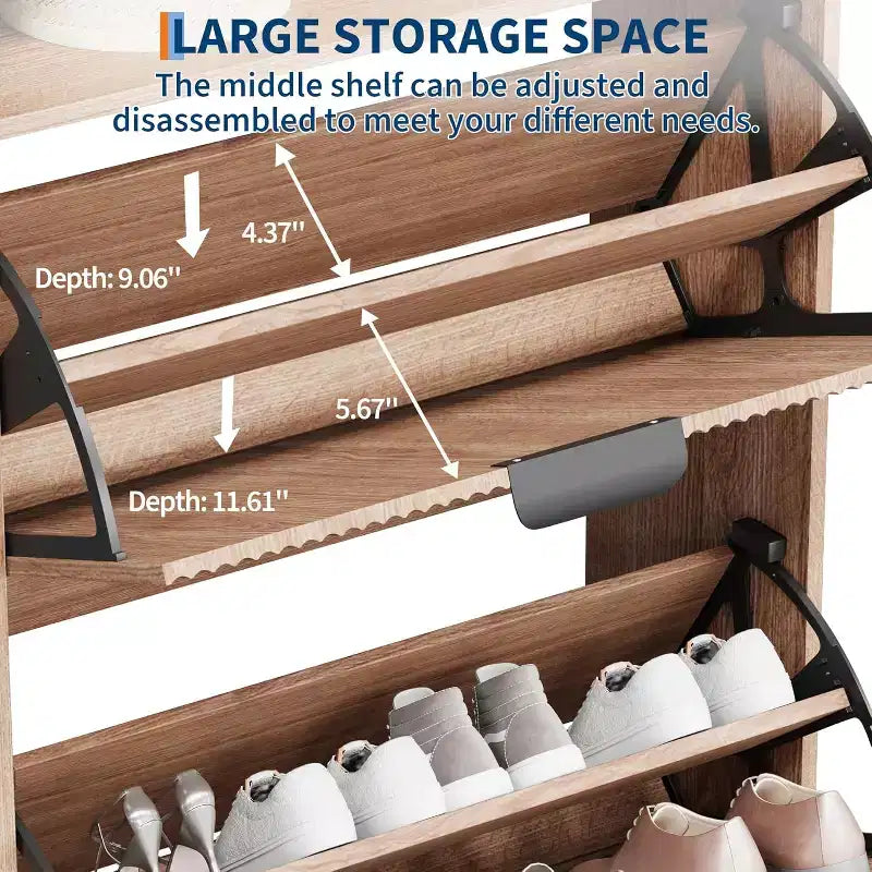 Meuble à chaussures cannelé avec 2 tiroirs basculants et étagère ouverte, organisateur de rangement moderne pour entrée, 44 po, étagère à chaussures en bois avec poignées dorées pour couloir et hall d'entrée