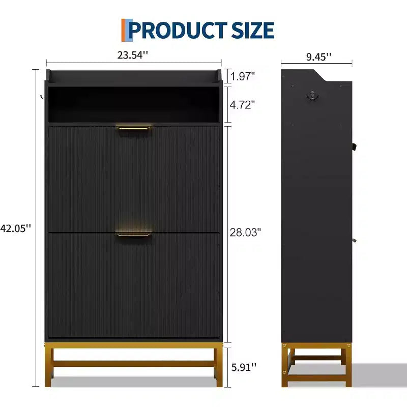 Meuble à chaussures cannelé avec 2 tiroirs basculants et étagère ouverte, organisateur de rangement moderne pour entrée, 44 po, étagère à chaussures en bois avec poignées dorées pour couloir et hall d'entrée