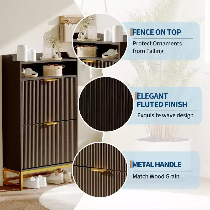 Meuble à chaussures cannelé avec 2 tiroirs basculants et étagère ouverte, organisateur de rangement moderne pour entrée, 44 po, étagère à chaussures en bois avec poignées dorées pour couloir et hall d'entrée