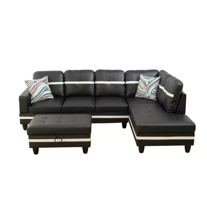 Ensemble de canapé d'angle en similicuir noir et blanc, élégance moderne - Design en L, rembourrage épais, pouf assorti