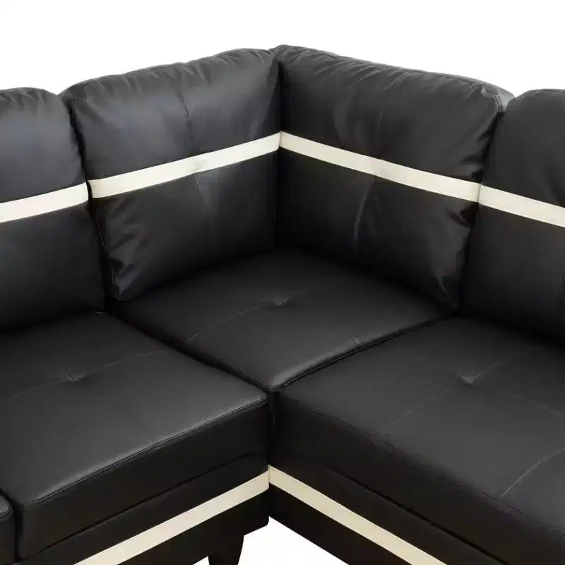 Ensemble de canapé d'angle en similicuir noir et blanc, élégance moderne - Design en L, rembourrage épais, pouf assorti