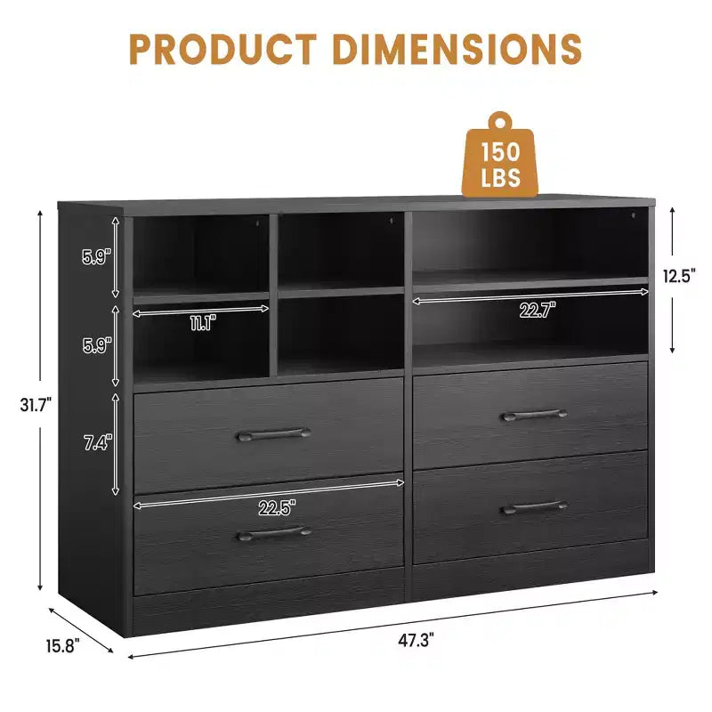 Commode à 4 tiroirs avec 6 compartiments ouverts réglables, commode moderne en bois noir, commode peu encombrante