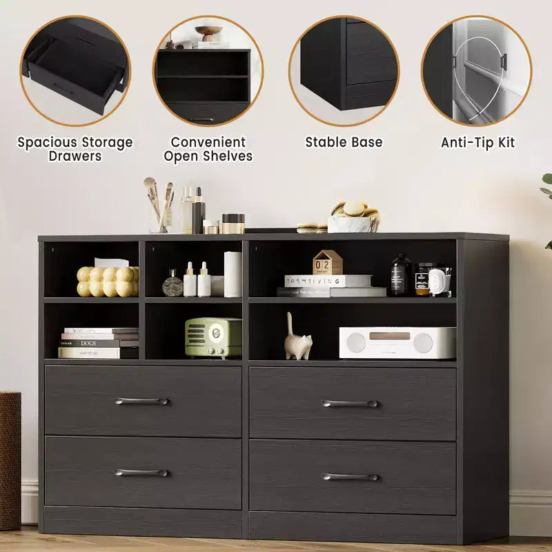 Commode à 4 tiroirs avec 6 compartiments ouverts réglables, commode moderne en bois noir, commode peu encombrante