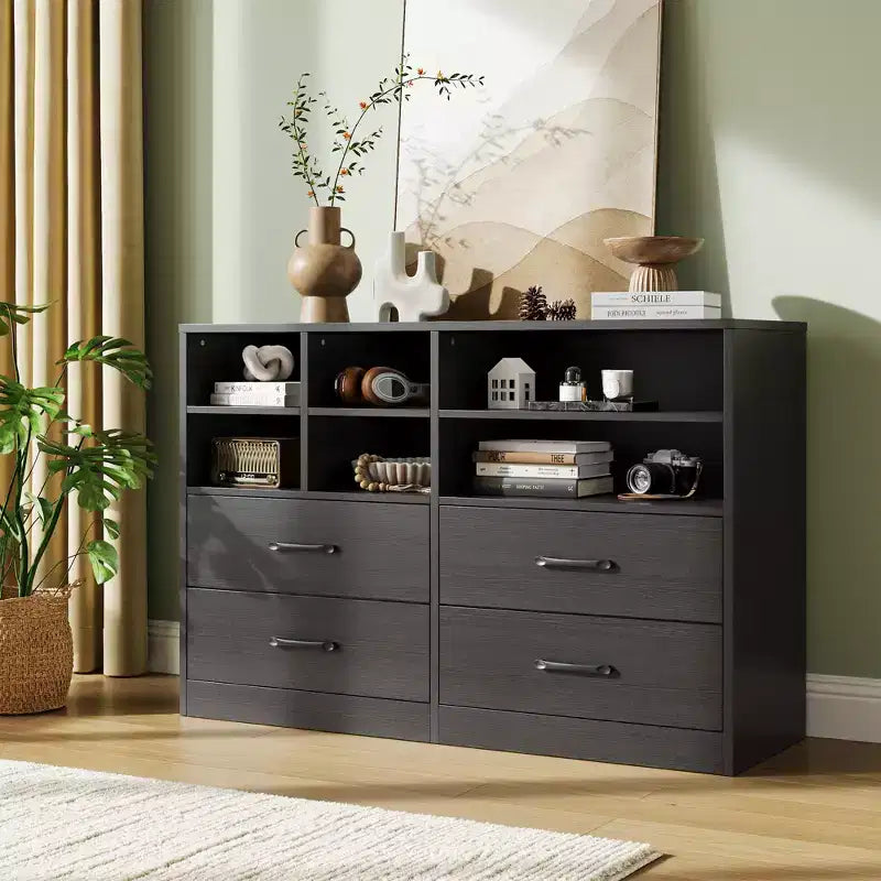 Commode à 4 tiroirs avec 6 compartiments ouverts réglables, commode moderne en bois noir, commode peu encombrante