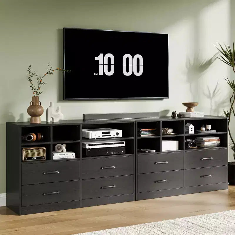 Commode à 4 tiroirs avec 6 compartiments ouverts réglables, commode moderne en bois noir, commode peu encombrante