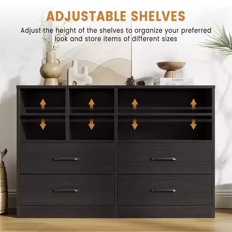 Commode à 4 tiroirs avec 6 compartiments ouverts réglables, commode moderne en bois noir, commode peu encombrante