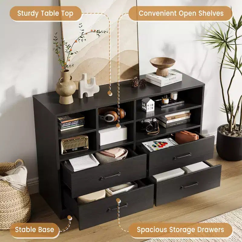 Commode à 4 tiroirs avec 6 compartiments ouverts réglables, commode moderne en bois noir, commode peu encombrante