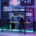 ModernLuxe Full Size Metal Loft Bed Frame with Storage Shelf, LED Light & Desk, Space-Saving Loft Bed with Iron Mesh, No Box Spring Needed, Black