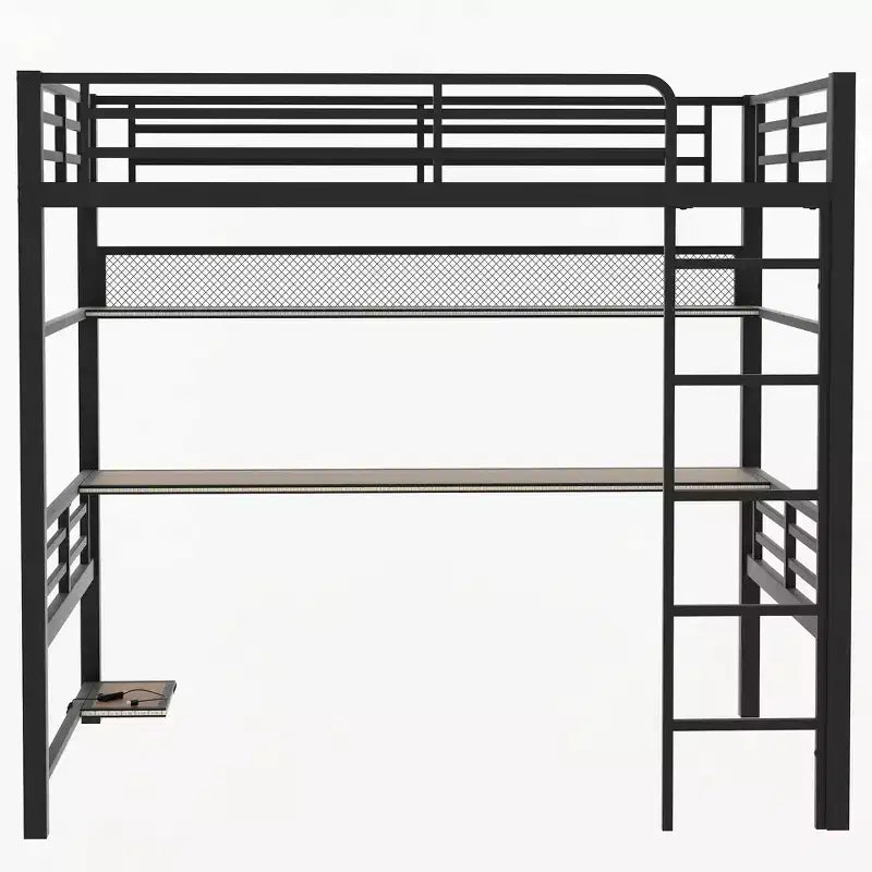 ModernLuxe Lit mezzanine en métal pleine grandeur avec étagère de rangement, lumière LED et bureau, lit mezzanine peu encombrant avec maille en fer, pas besoin de sommier, noir