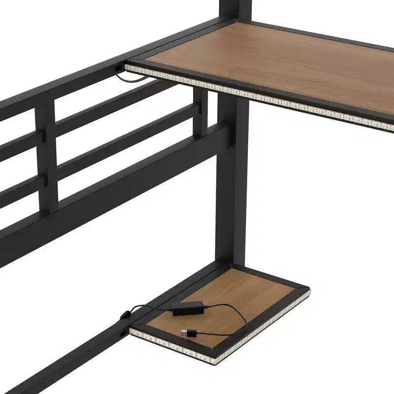 ModernLuxe Lit mezzanine en métal pleine grandeur avec étagère de rangement, lumière LED et bureau, lit mezzanine peu encombrant avec maille en fer, pas besoin de sommier, noir