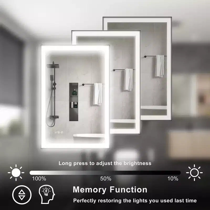 Miroir de salle de bain / de vanité en verre trempé anti-buée Maxax moderne avec éclairage LED encadré en aluminium spatial à intensité variable