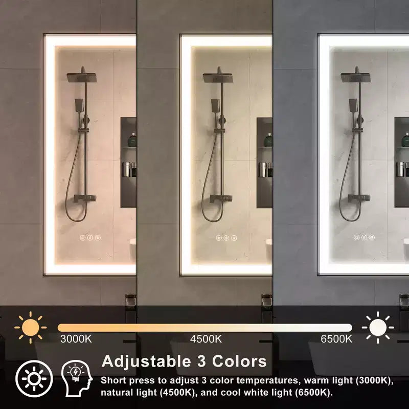Miroir de salle de bain / de vanité en verre trempé anti-buée Maxax moderne avec éclairage LED encadré en aluminium spatial à intensité variable