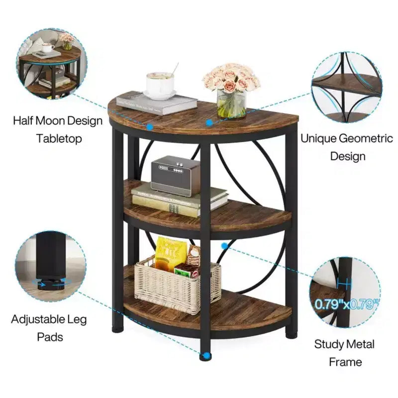 Table d'appoint demi-ronde marron à 3 niveaux avec cadre en métal
