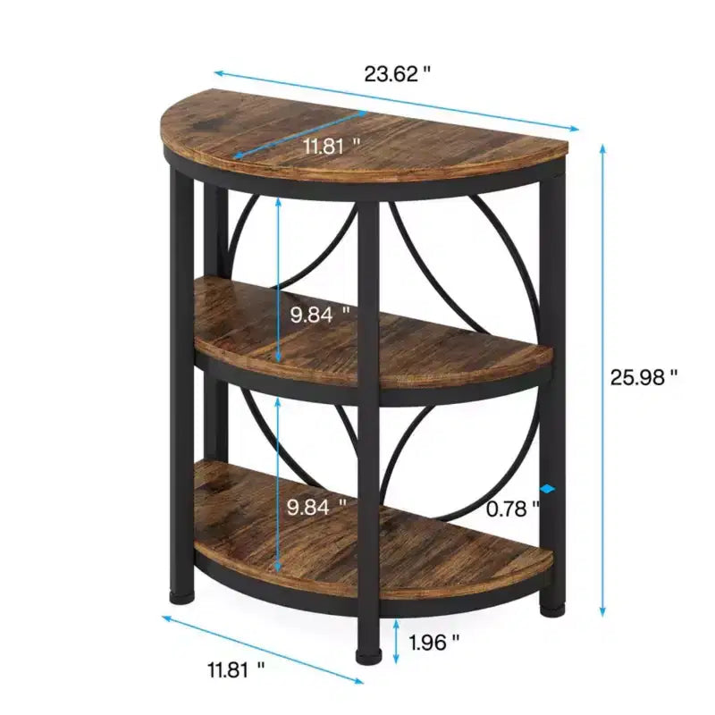Table d'appoint demi-ronde marron à 3 niveaux avec cadre en métal