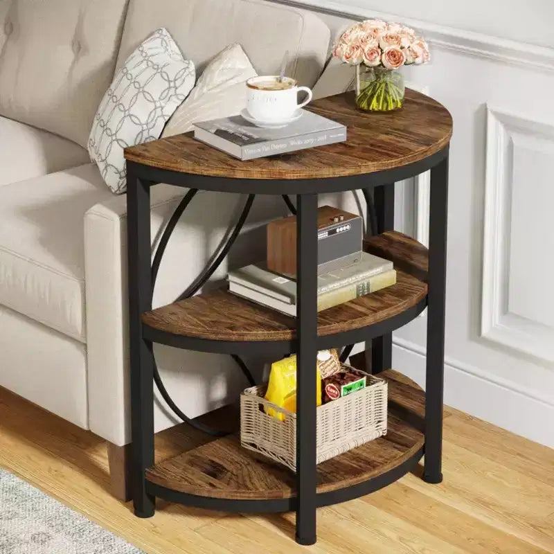 Brown Half-Round End Table 3-Tier Narrow Side Table with Metal Frame