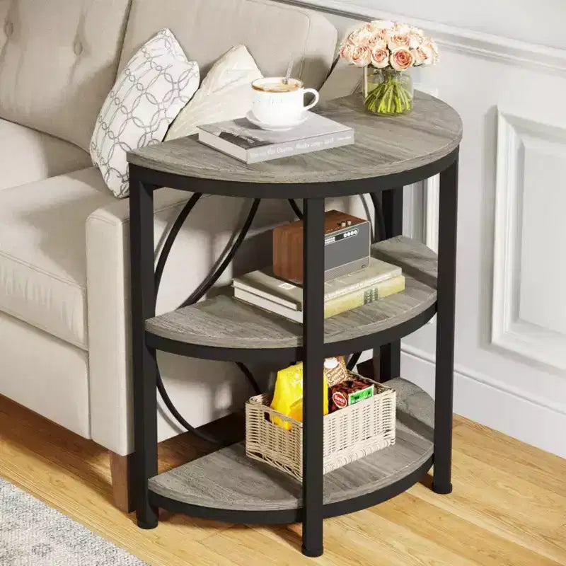 Table d'appoint demi-ronde marron à 3 niveaux avec cadre en métal