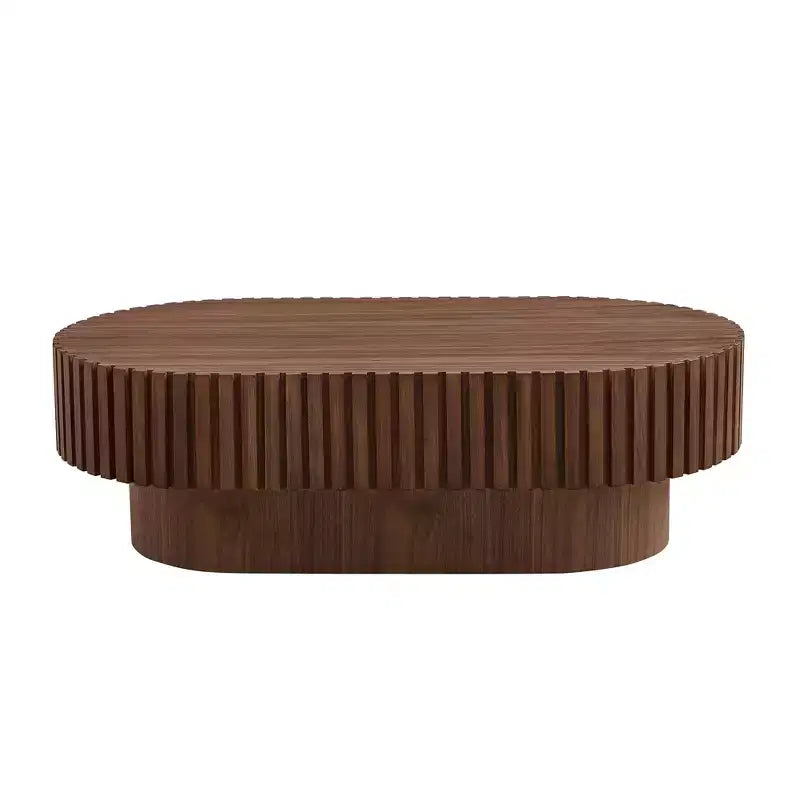 Table basse ovale moderne Okak, 112 cm de long avec piédestal robuste, table basse tambour compacte pour petit salon ou bureau