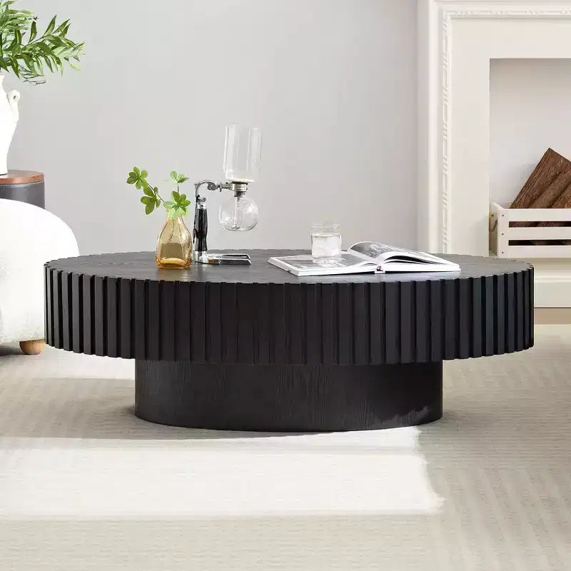 Table basse ovale moderne Okak, 112 cm de long avec piédestal robuste, table basse tambour compacte pour petit salon ou bureau