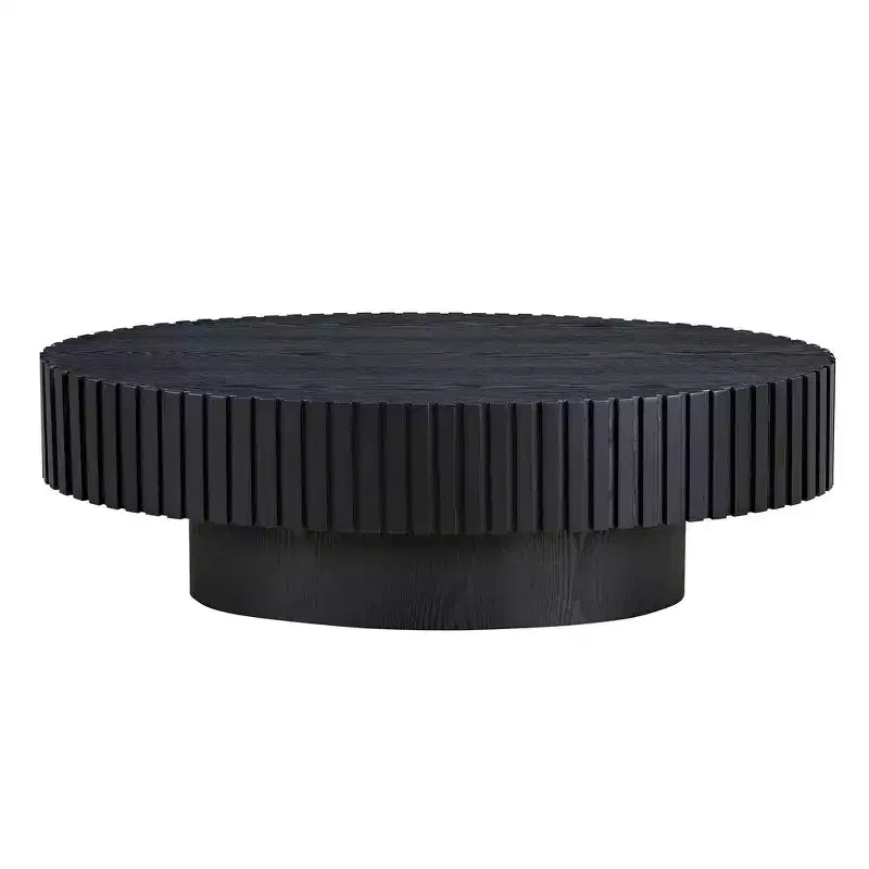 Table basse ovale moderne Okak, 112 cm de long avec piédestal robuste, table basse tambour compacte pour petit salon ou bureau