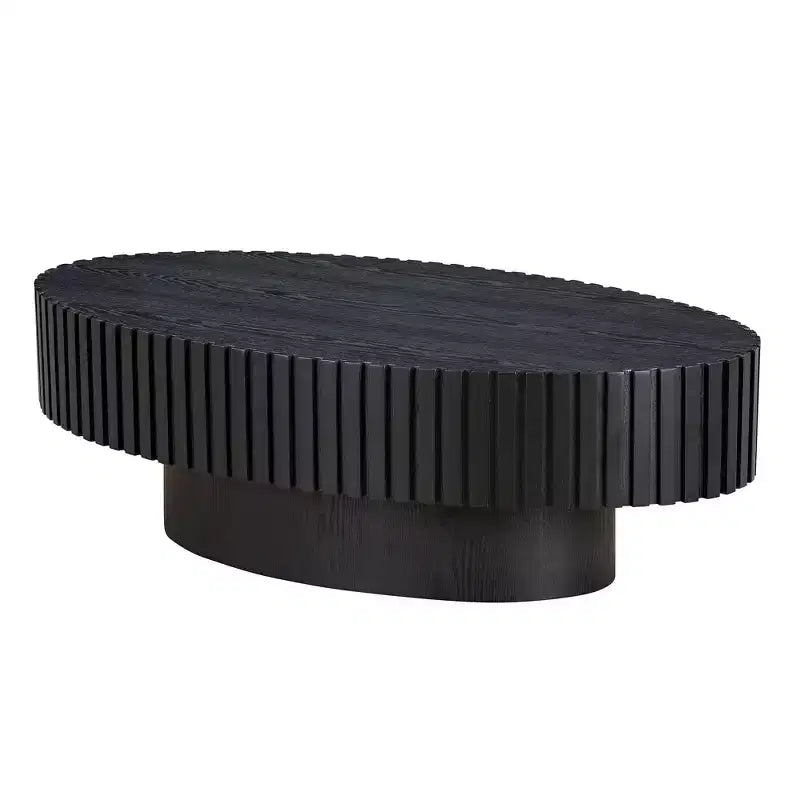 Table basse ovale moderne Okak, 112 cm de long avec piédestal robuste, table basse tambour compacte pour petit salon ou bureau