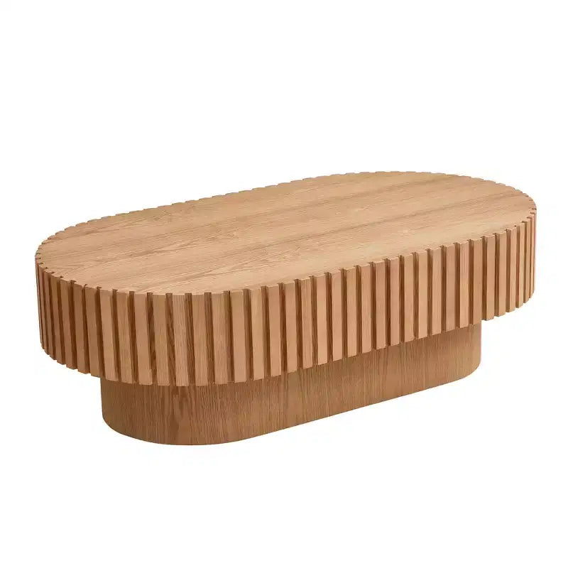 Table basse ovale moderne Okak, 112 cm de long avec piédestal robuste, table basse tambour compacte pour petit salon ou bureau