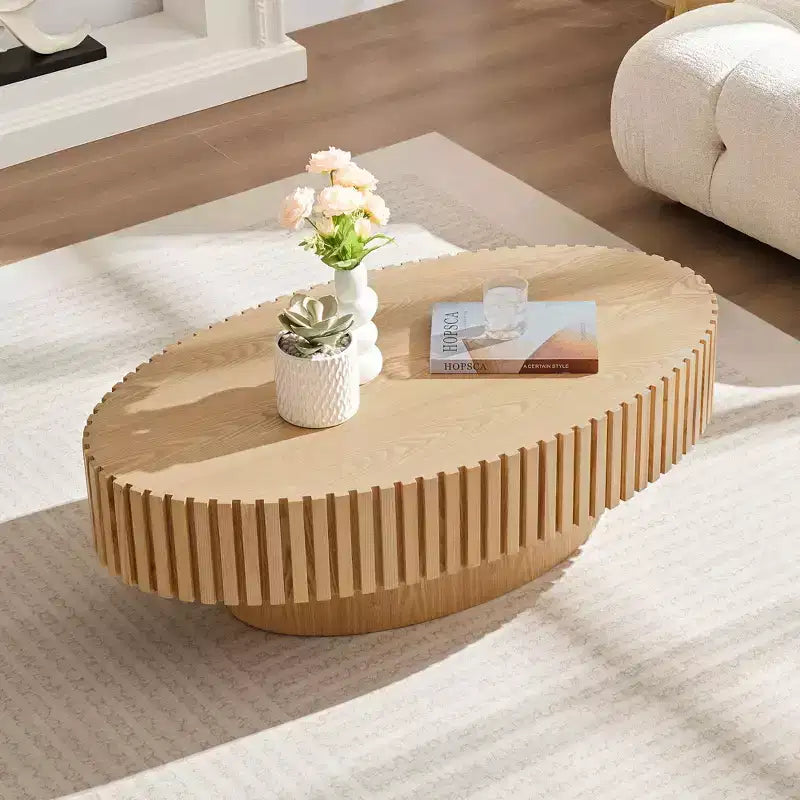 Table basse ovale moderne Okak, 112 cm de long avec piédestal robuste, table basse tambour compacte pour petit salon ou bureau