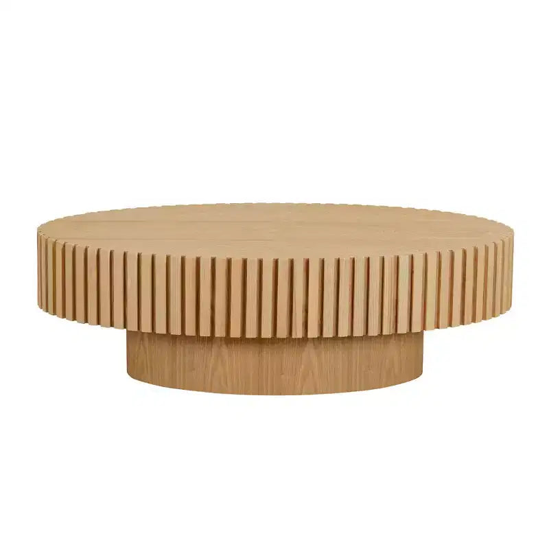 Table basse ovale moderne Okak, 112 cm de long avec piédestal robuste, table basse tambour compacte pour petit salon ou bureau