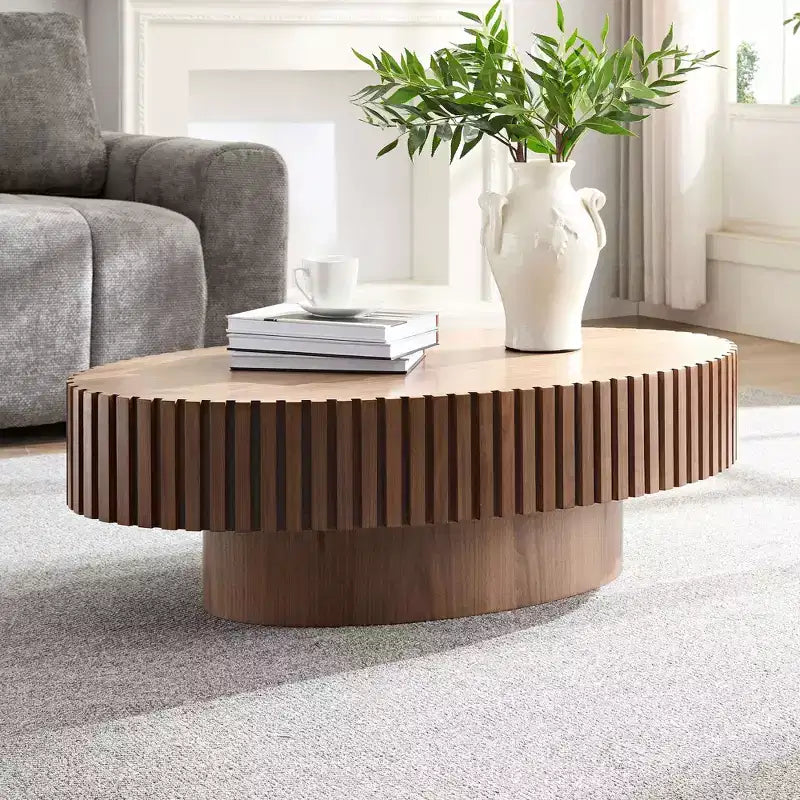 Table basse ovale moderne Okak, 112 cm de long avec piédestal robuste, table basse tambour compacte pour petit salon ou bureau
