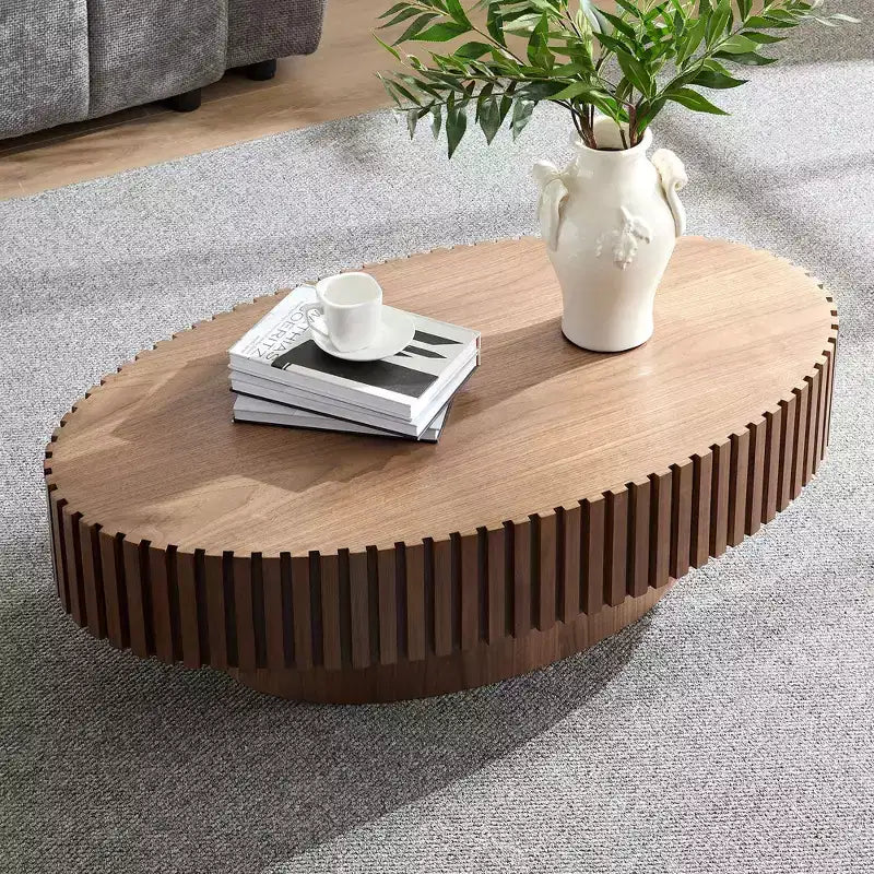 Table basse ovale moderne Okak, 112 cm de long avec piédestal robuste, table basse tambour compacte pour petit salon ou bureau