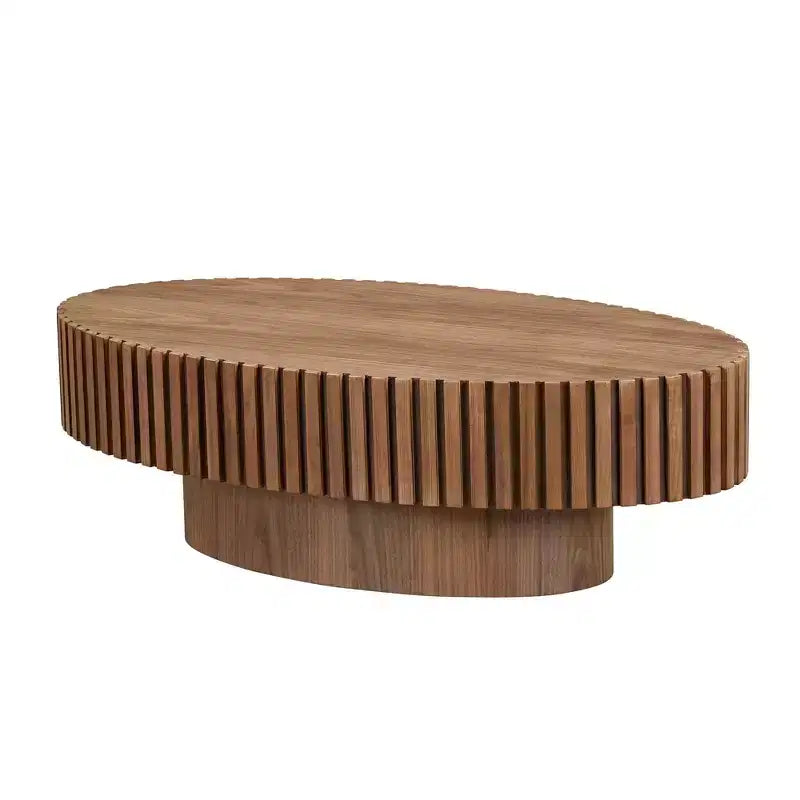 Table basse ovale moderne Okak, 112 cm de long avec piédestal robuste, table basse tambour compacte pour petit salon ou bureau