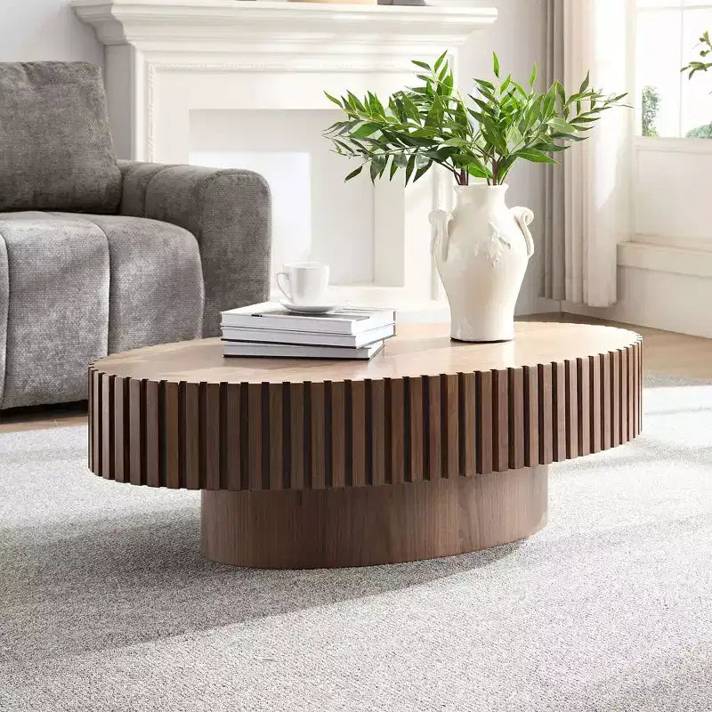 Table basse ovale moderne Okak, 112 cm de long avec piédestal robuste, table basse tambour compacte pour petit salon ou bureau