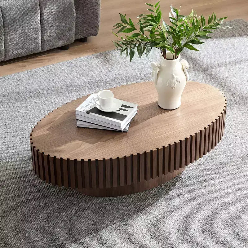 Table basse ovale moderne Okak, 112 cm de long avec piédestal robuste, table basse tambour compacte pour petit salon ou bureau
