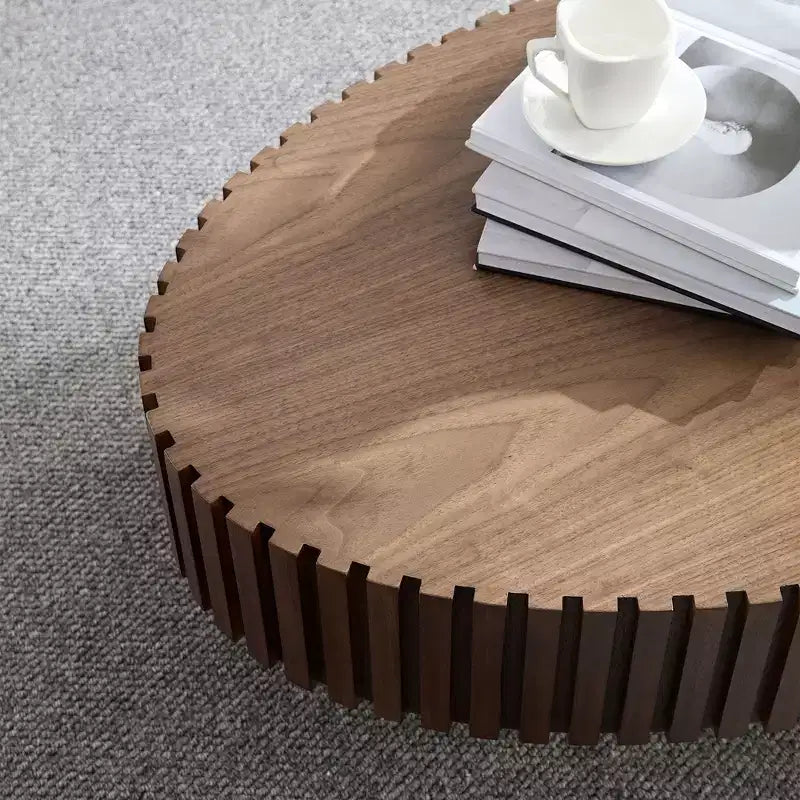 Table basse ovale moderne Okak, 112 cm de long avec piédestal robuste, table basse tambour compacte pour petit salon ou bureau
