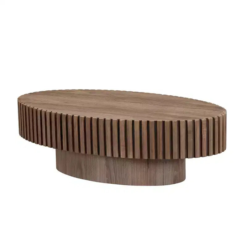 Table basse ovale moderne Okak, 112 cm de long avec piédestal robuste, table basse tambour compacte pour petit salon ou bureau